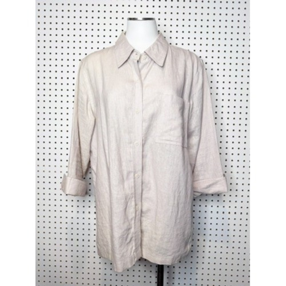 Coldwater Creek | Linen Rayon Blend Button Up Tunic Shirt Oatmeal Beige